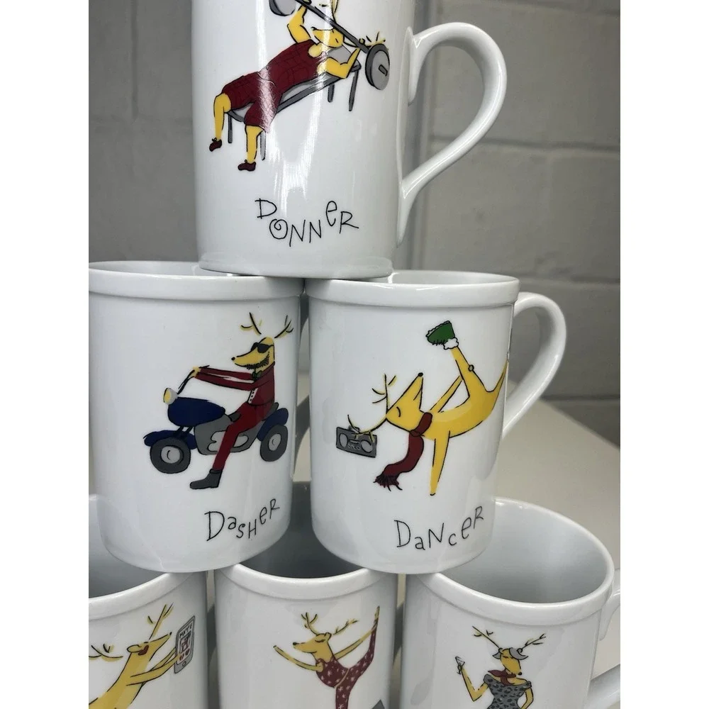 6 Pottery Barn Reindeer Mugs Dasher Dancer Prancer Vixen Cupid Donner Hip‎ Yoga